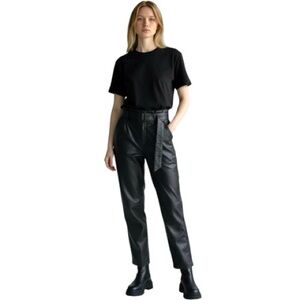 Black Faux Leather Hi Rise Pants 6 Carrot Paper Bag Belted Trousers Minimalist